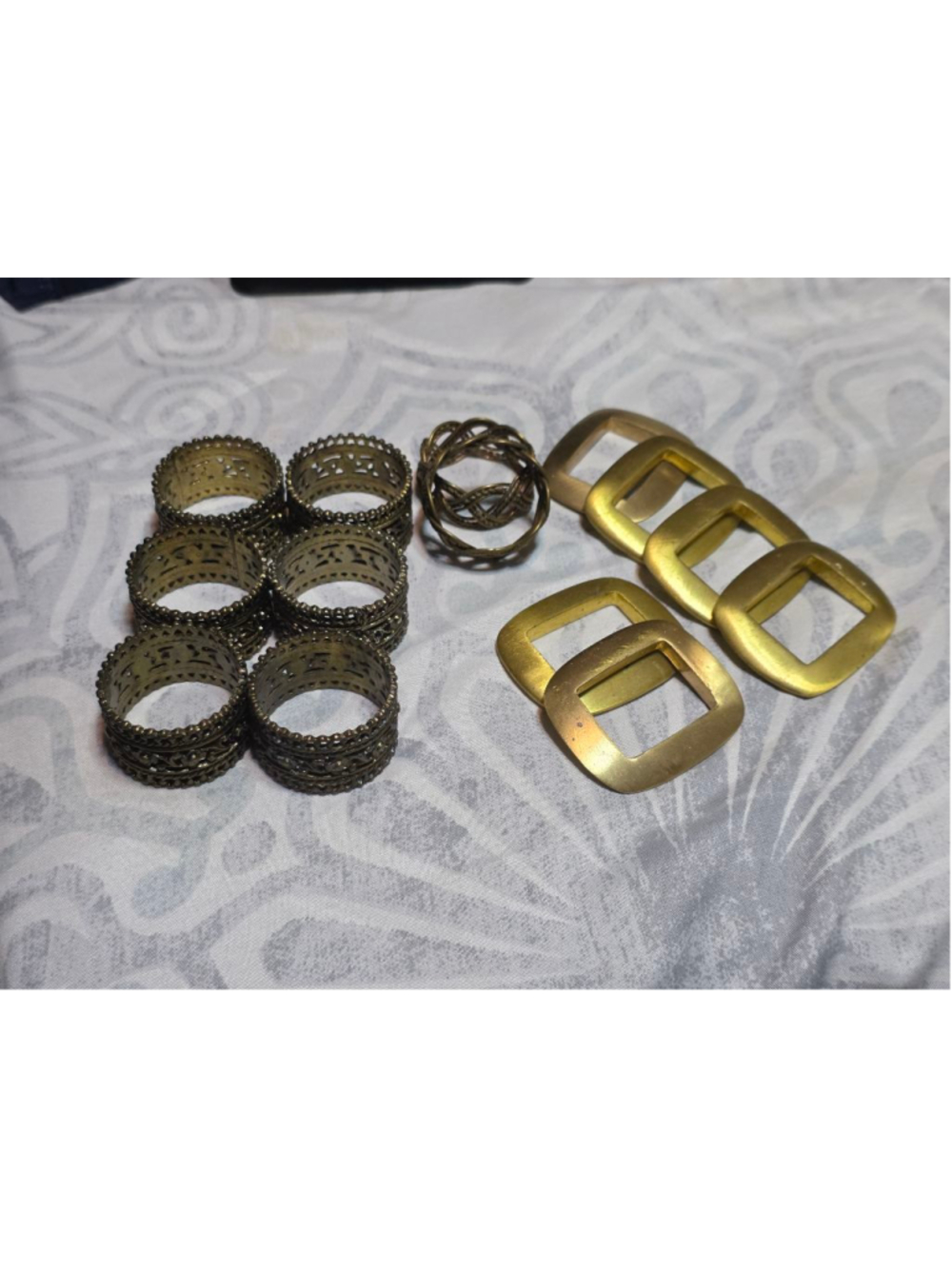 Vintage Brass Napkin Rings Lot of 14 Ornate Filigree & MCM Square Eclectic Set